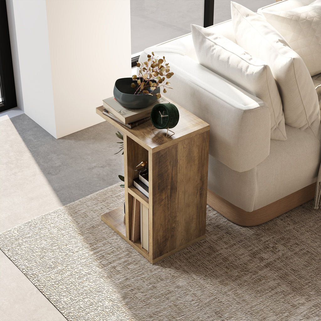 HOMCOM C-förmiger Couchtisch mit 3 Regalen und 2 offenen platzsparenden Fächern, 40x30x60 cm, Braun