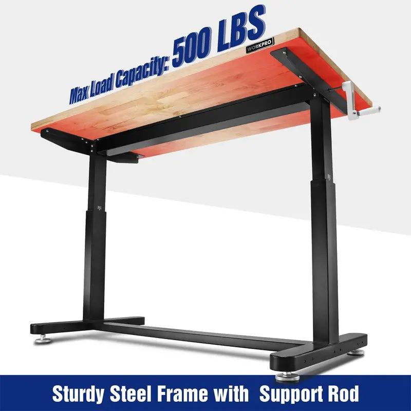WORKPRO 60-Inch Crank-Adjustable Workbench – Industrial-Strength Table with Leveling Feet and 500-Lb Capacity