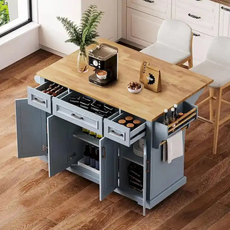 Rolling Kitchen Island Cart – 54″ Rubberwood Drop-Leaf Design with Doors & Drawers