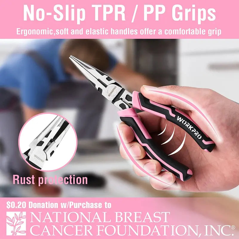 WORKPRO 4-Piece Pink Pliers Set – Ergonomic Grip Tools with Pink Ribbon Packaging