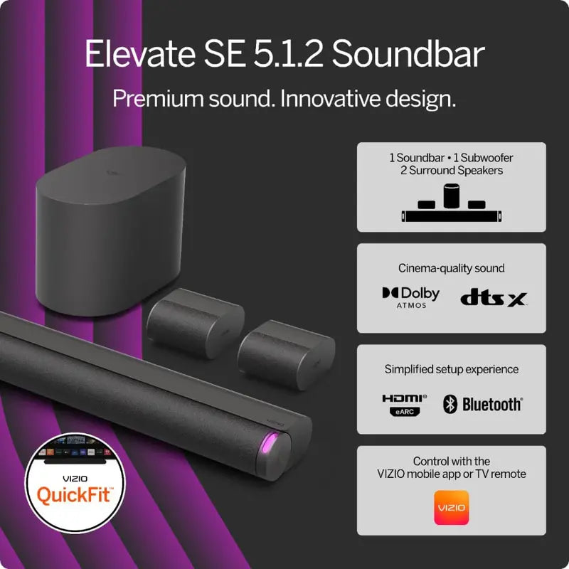 VIZIO Elevate SE 5.1.2 Dolby Atmos Soundbar – 2024 Edition with Wireless Subwoofer and Upward-Firing Drivers