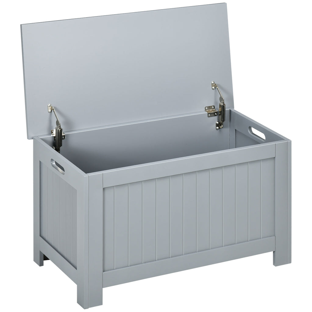 HOMCOM Sitzbank mit Stauraum im Landhausstil, inkl. Sicherheitsscharniere, Truhe, 81 cm x 40 cm x 46 cm, Hellgrau