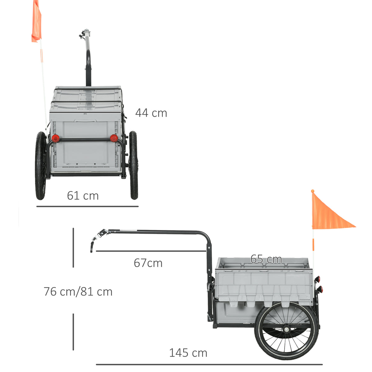 HOMCOM Fahrradanhänger mit abnehmbarer und faltbarer 65L Aufbewahrungsbox, Sicherheitsreflektoren, maximale Belastung von 40KG, grau