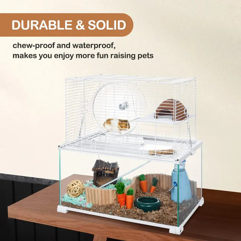 Large 3-Tier Hamster Habitat – Glass Base with Wire Topper, Ramps, Ladders & Waterproof Tray