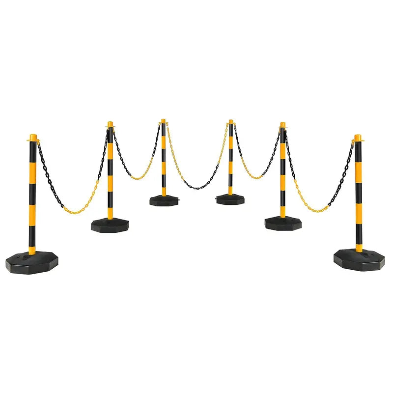 Six-Pack Traffic Delineator Posts with Octagonal Fillable Bases and 5-Foot Linked Chains (Black/Yellow)