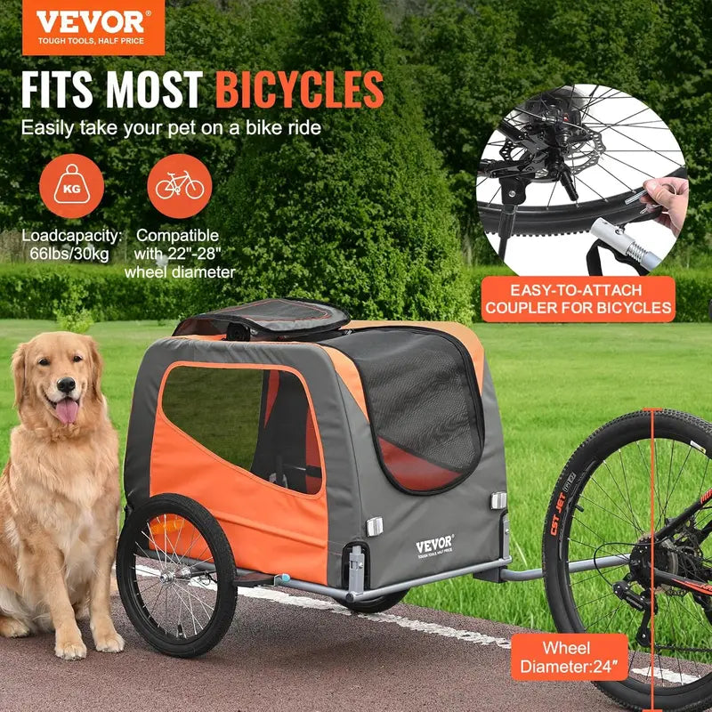 VEVOR Collapsible Dog Bike Trailer – 3 Weight-Capacity Options (66/88/100 lbs), Quick-Release Wheels & Safety Flag