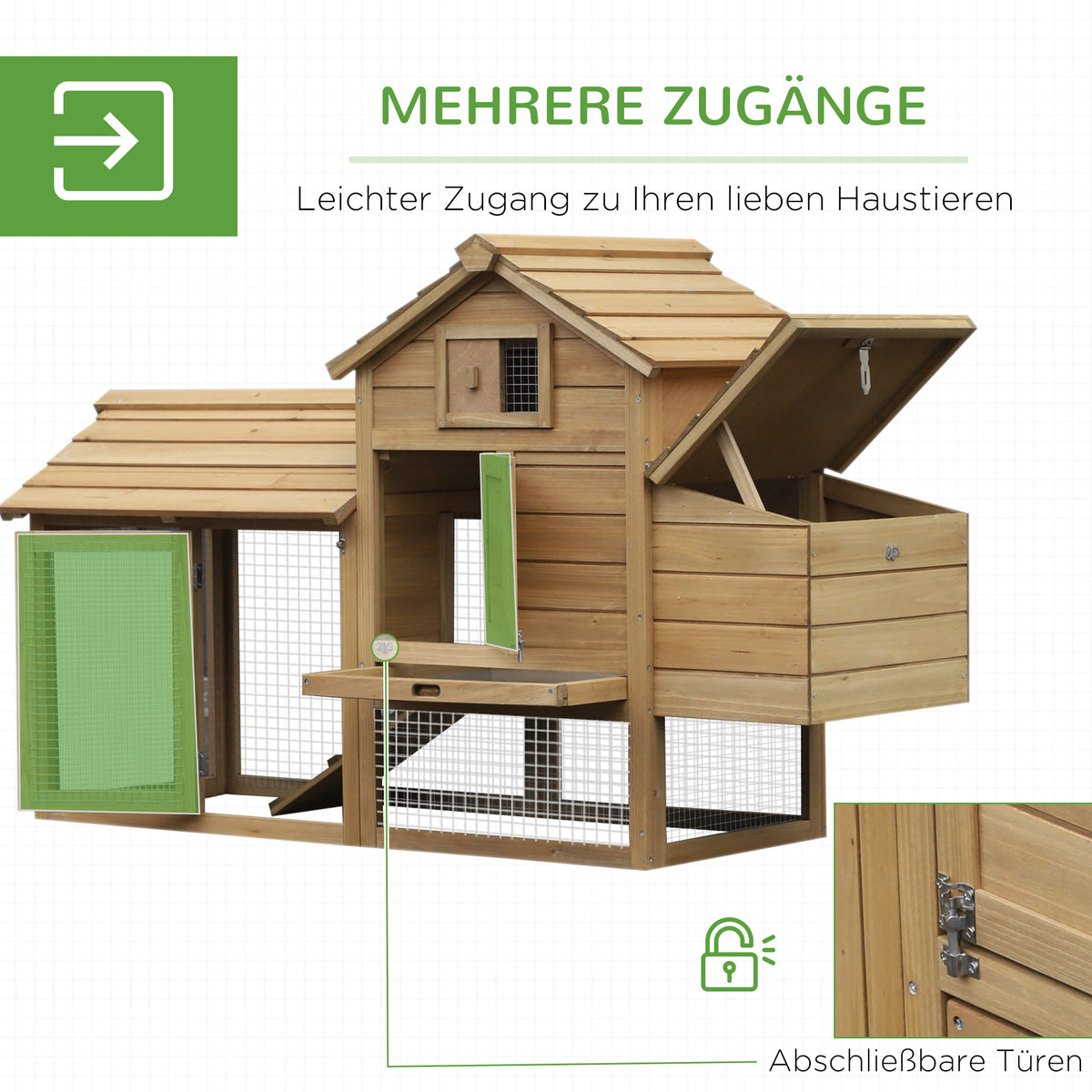 PawHut Zwerghühnerstall Zwerghühnerhaus mit Nistkasten Zwerghühnervoliere Auslauf Geflügelstall mit Rampe Tannenholz Natur 150,5 x 54 x 87 cm