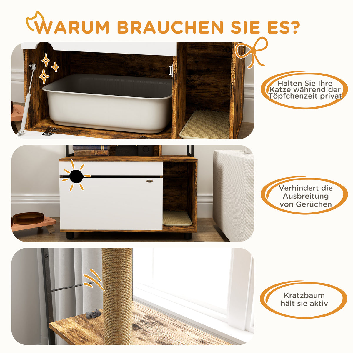 PawHut Katzentoilette mit 3-Ebenen-Regal und Kratzpfosten, geschlossenes Katzenklo, 80 x 48 x 152 cm, Braun