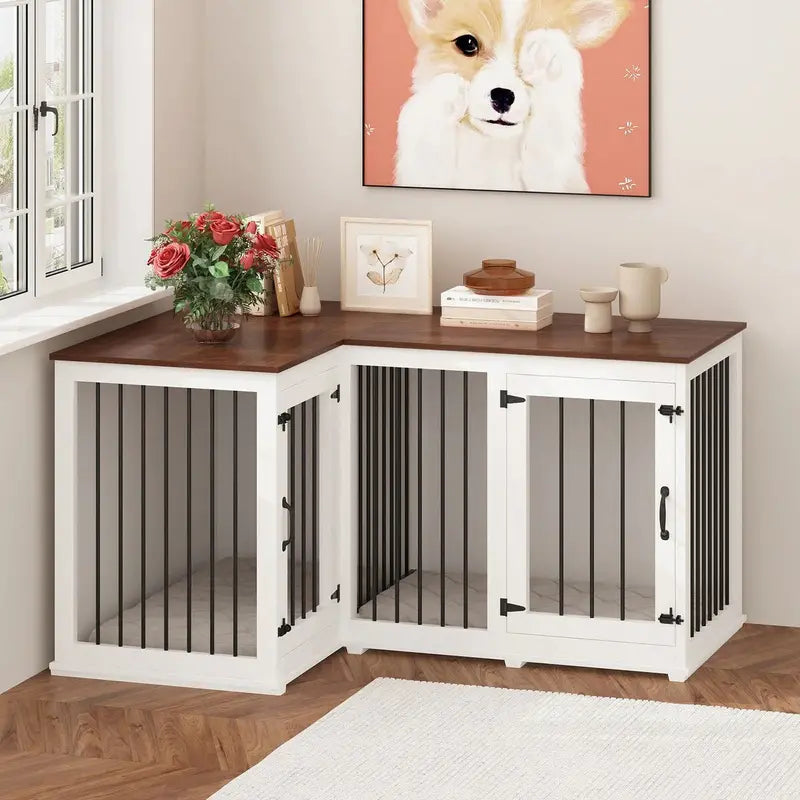 L-Shaped Corner Dog Crate Furniture – Dual-Dog Capacity, 58.7″ x 41.1″, Stylish Enclosed Design