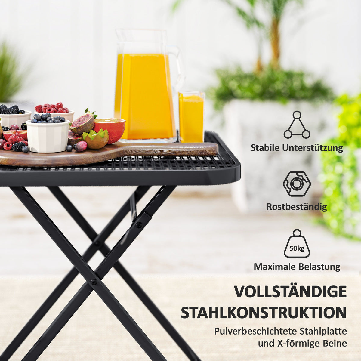 Outsunny Gartentisch klappbar 70 x70 cm, Wetterfest Balkontisch Klapptisch mit Ausschnitt-Design quadrarisch Schwarz