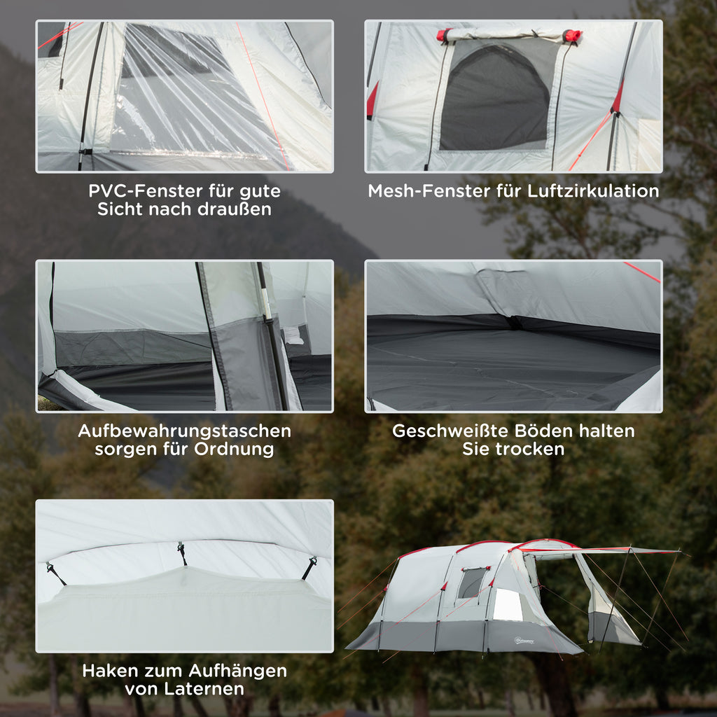 Outsunny Campingzelt, für 6-8 Personen, zwei Räume, Lampenhaken, mit Tragetasche, grau, 5,10x2,40x1,80m