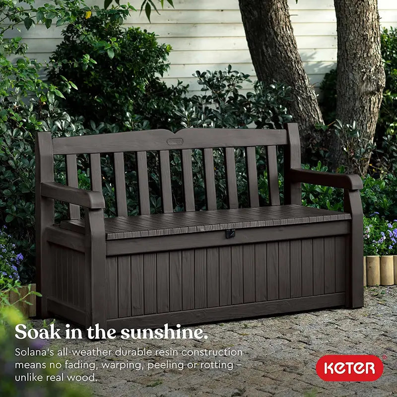 Keter Solana 70-Gallon Outdoor Storage Bench – Weather-Resistant Deck Box for Patio & Garden Gear