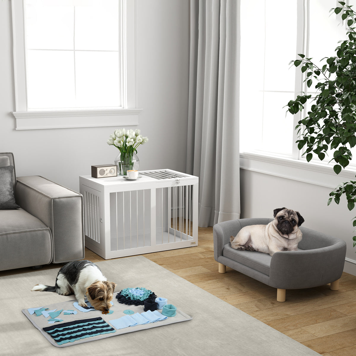 PawHut Hundekäfig mit 2 Türen, Hundebox, verriegelbar, Stahlgitter, 80 cm x 50 cm x 56,5 cm, Weiß + Silber
