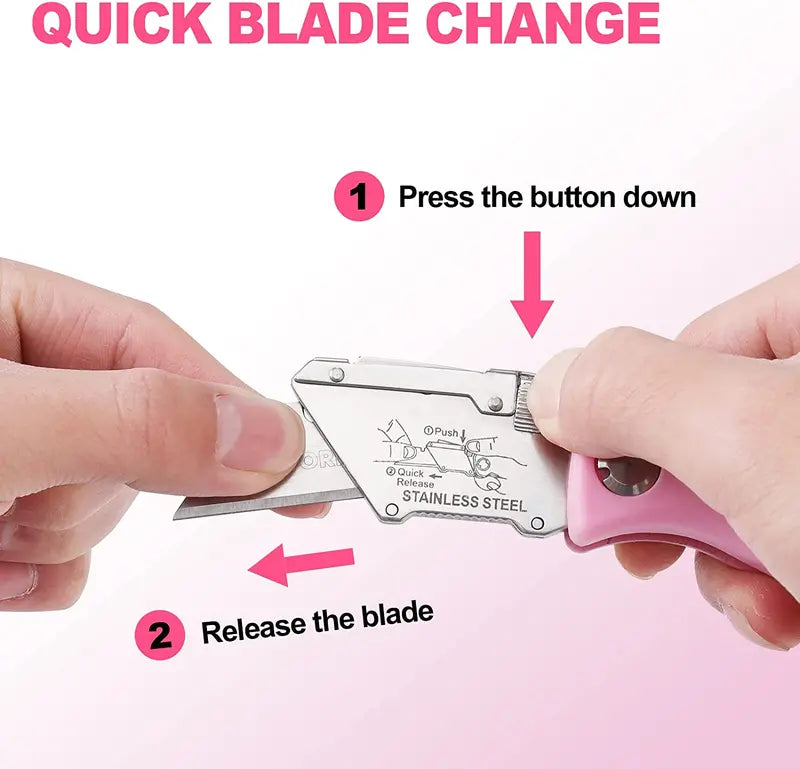 WORKPRO Pink Folding Utility Knife – Quick-Change Razor Blade Cutter with Pink Ribbon Design