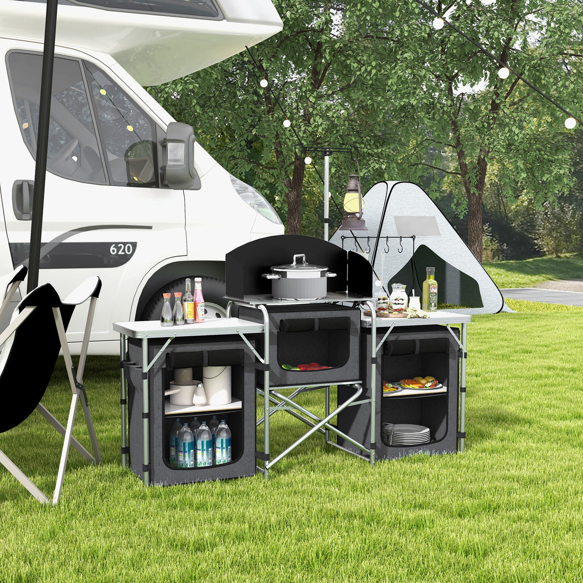 Outsunny Faltbare Campingküche mit 3 Ebenen, 5 Innenregalen und 4 Haken, 172x48x119 cm, Schwarz