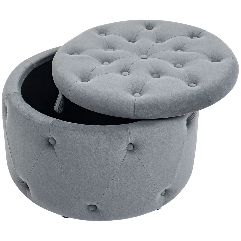 HOMCOM Hocker, rund, mit Staufach, Steppdesign mit Knöpfen, Bezug in Samtoptik, grau, 60 x 60 x 40cm
