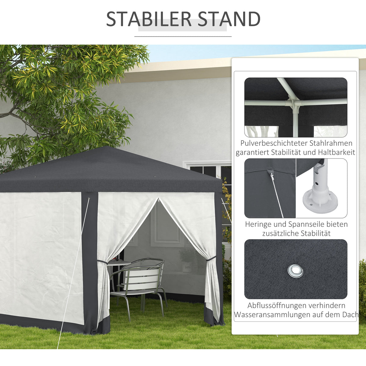 Outsunny Gartenpavillon, 6-eckig, Netzvorhänge, Metallgestell, 3,94x3,412x2,5m, Dunkelgrau