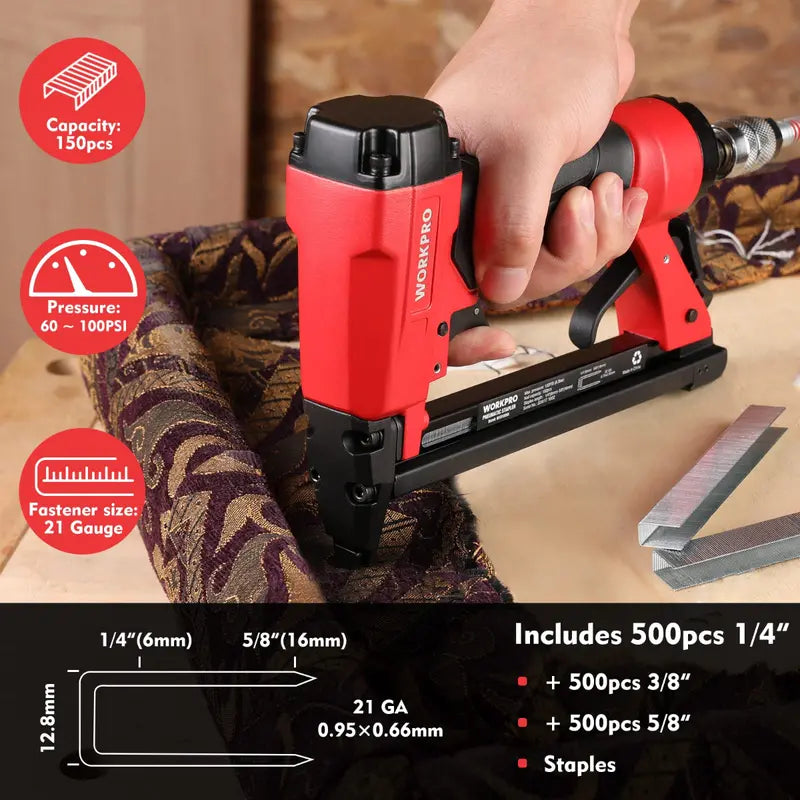 WORKPRO Pneumatic 21/22-Gauge Staple Gun for Upholstery – Includes Staples (1/4″–5/8″)