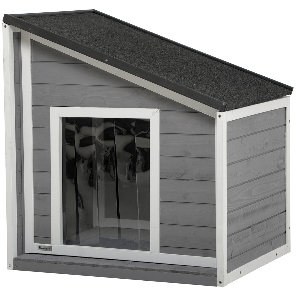 PawHut Hundehütte aus Massivholz, wetterbeständig, Asphaltdach, 71 cm x 58 cm x 77 cm, Grau + Weiß