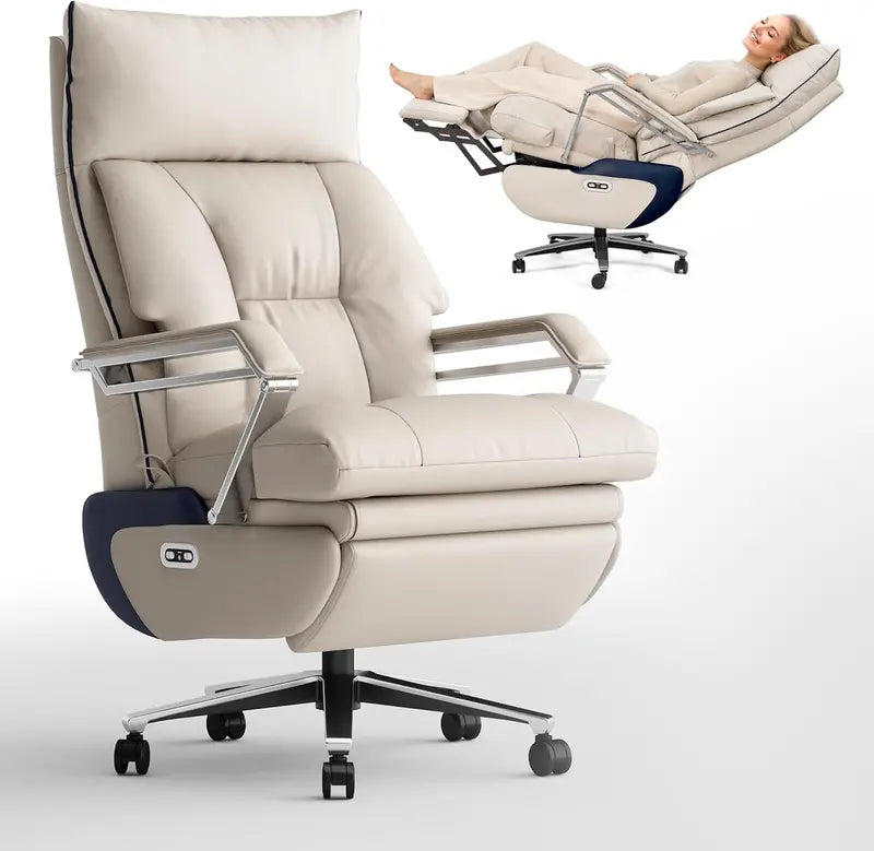 M80 Dual-Motor Executive Office Chair – Big & Tall Recliner with Footrest, Beige Fabric, 420-Lb Capacity