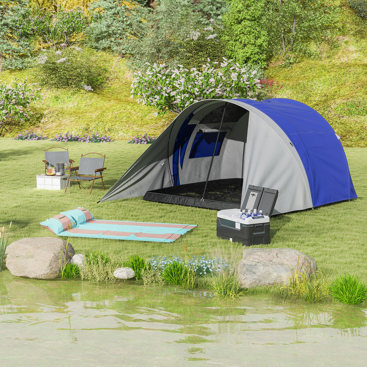 Outsunny Familien-Campingzelt für 3-4 Personen, wasserdicht, leicht, belüftet, einfach aufzubauen, Maße 390L x 315B x 188H cm