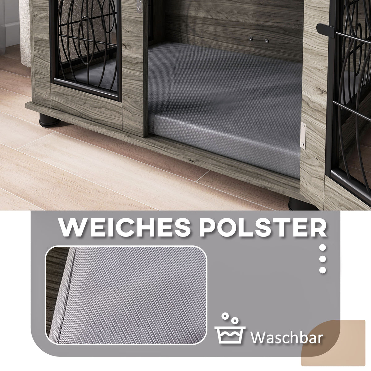 PawHut Hundebox mit Liegekissen, bis 20kg/50cm Körperlänge, Metall, 80x56x63cm, Grau/Holzdekor