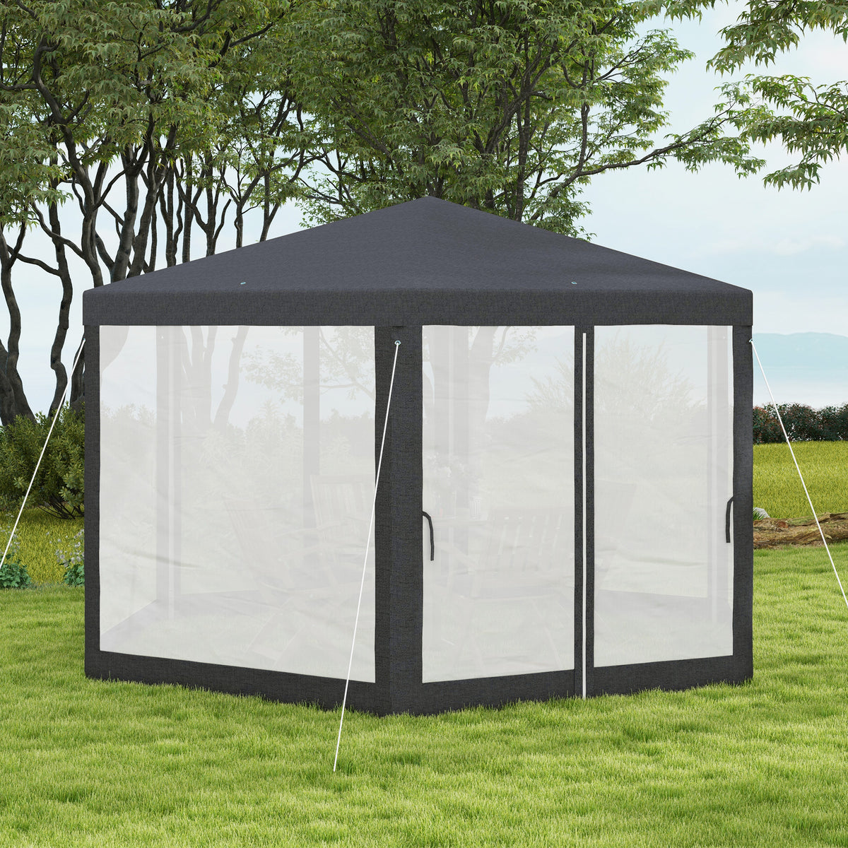 Outsunny Gartenpavillon, 6-eckig, Netzvorhänge, Metallgestell, 3,94x3,412x2,5m, Dunkelgrau