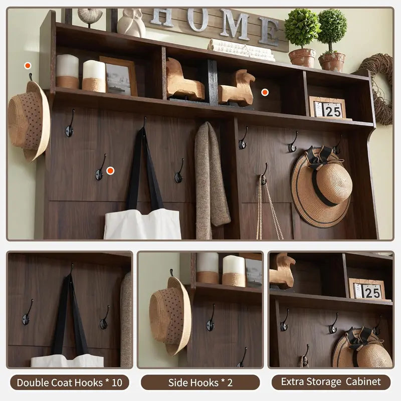 JXQTLINGMU Farmhouse Entryway Bench – 59-Inch Shoe Storage Foyer Tree with Coat Hooks & Cabinet