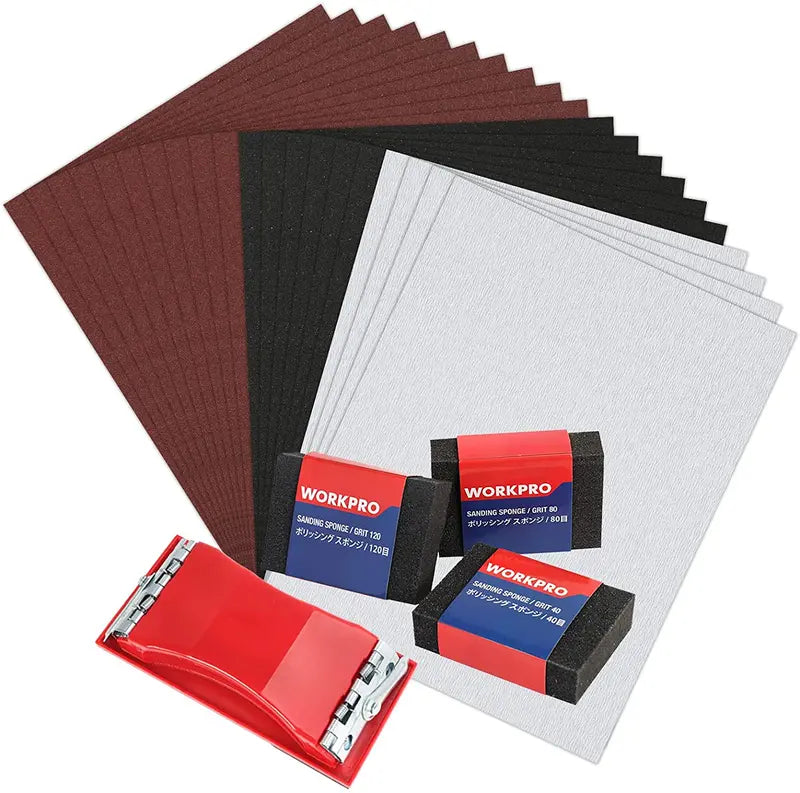 WORKPRO Assorted Sandpaper Pack – 24 Sheets (80–600 Grit) with Sanding Holder