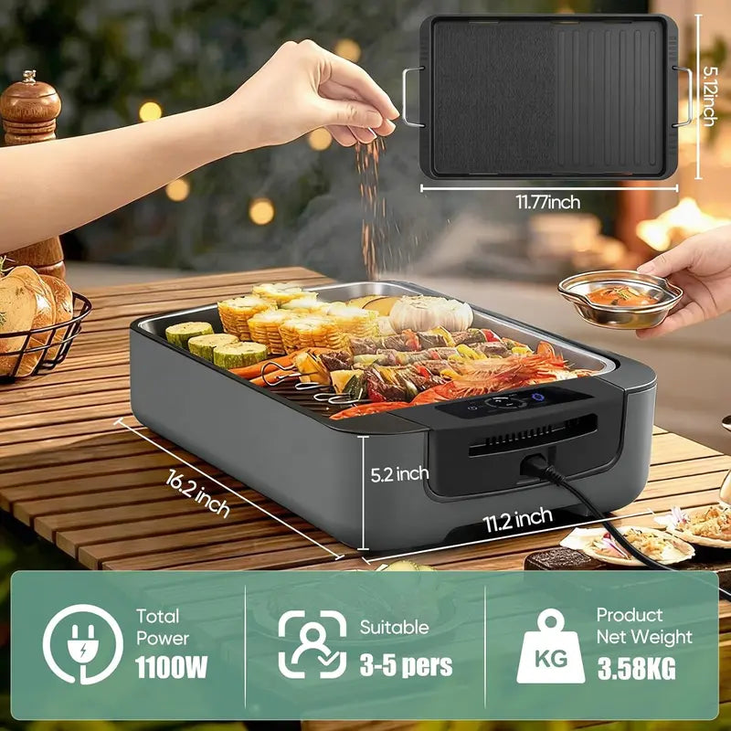 Smokeless Indoor Grill with Dual-Zone Cooking: LED Smart Display, 6-Temp Settings, Non-Stick Removable Plates, and Dishwasher-Safe Components