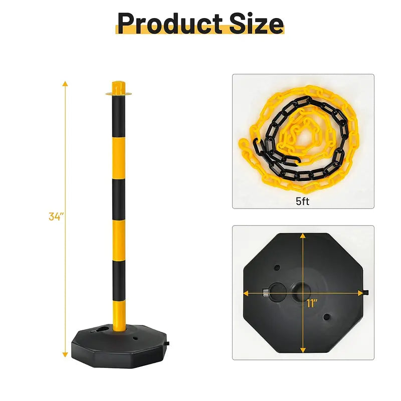 Six-Pack Traffic Delineator Posts with Octagonal Fillable Bases and 5-Foot Linked Chains (Black/Yellow)
