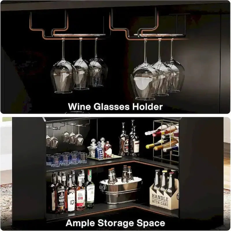 L-Shaped Bar Cabinet with Stemware Racks – Stylish Home Pub Storage Solution