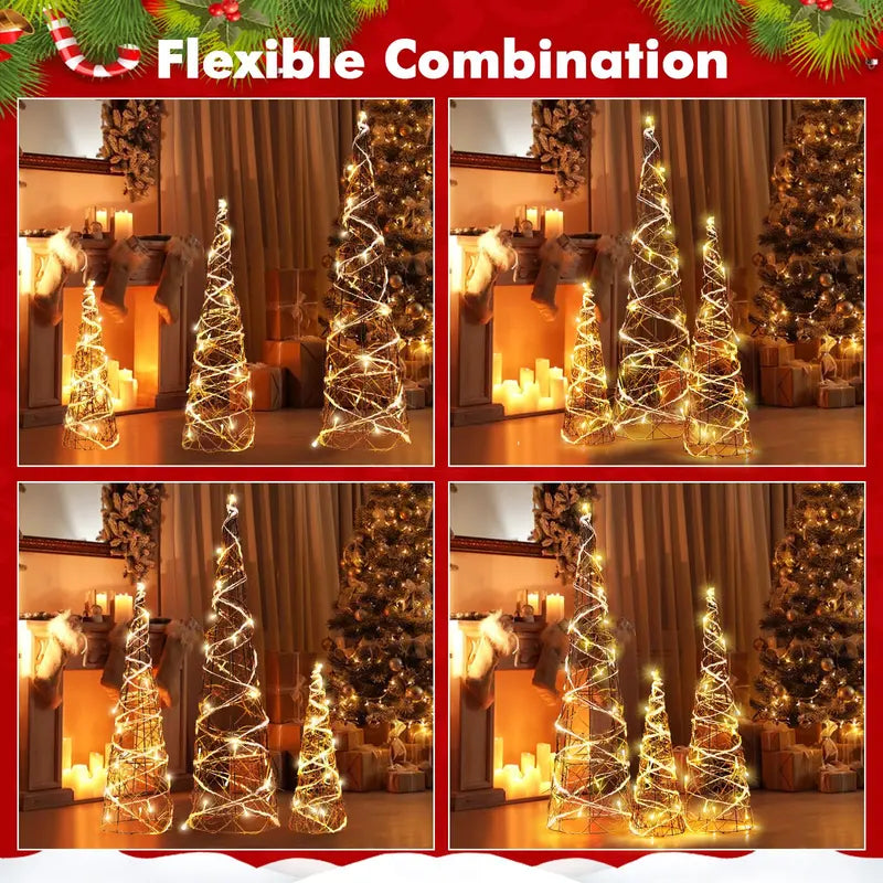 Set of Three Tapered Indoor Christmas Cone Trees — 32″, 24″, and 16″ with Warm White LED Lights