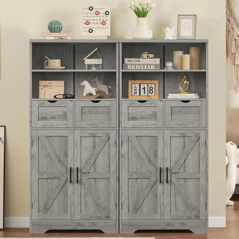 White Farmhouse Storage Cabinet – Two-Drawer Pantry or Bathroom Hutch with Adjustable Interior Shelving