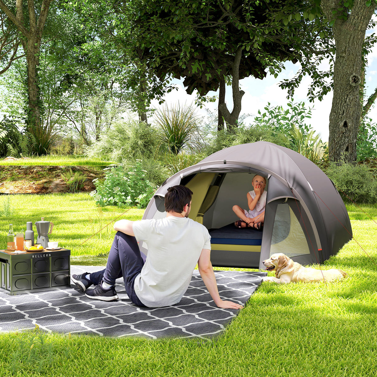 Outsunny Tunnelzelt für 2-4 Personen mit Seitlichen Fenstern und Haken, aus 190T Polyester und PE, 3.3x1.9x1.2 m, Schwarz