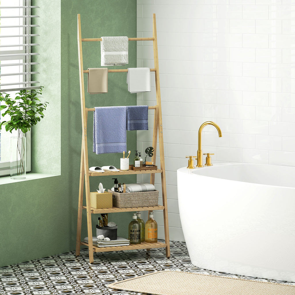 HOMCOM Badezimmerregal 3 Regale mit 3 Handtuchstangen, freistehend und klappbar aus Bambus