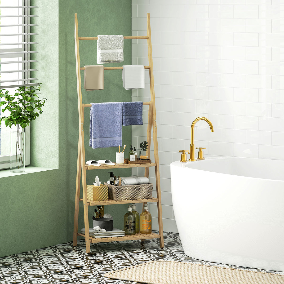 HOMCOM Badezimmerregal 3 Regale mit 3 Handtuchstangen, freistehend und klappbar aus Bambus
