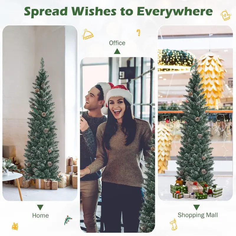 Slim Snow-Flocked Pencil Christmas Tree – Pre-Lit Artificial Tree with Hinged Branches