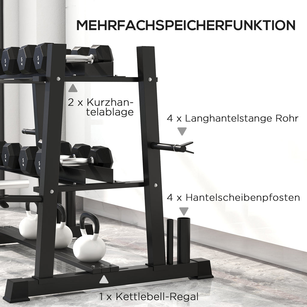 SPORTNOW Hantelständer für Kurzhantel, Kugelhantel, Hantelscheiben, 3 Etagen, anpassbar, Stahl, 131 x 75 x 80 cm, schwarz