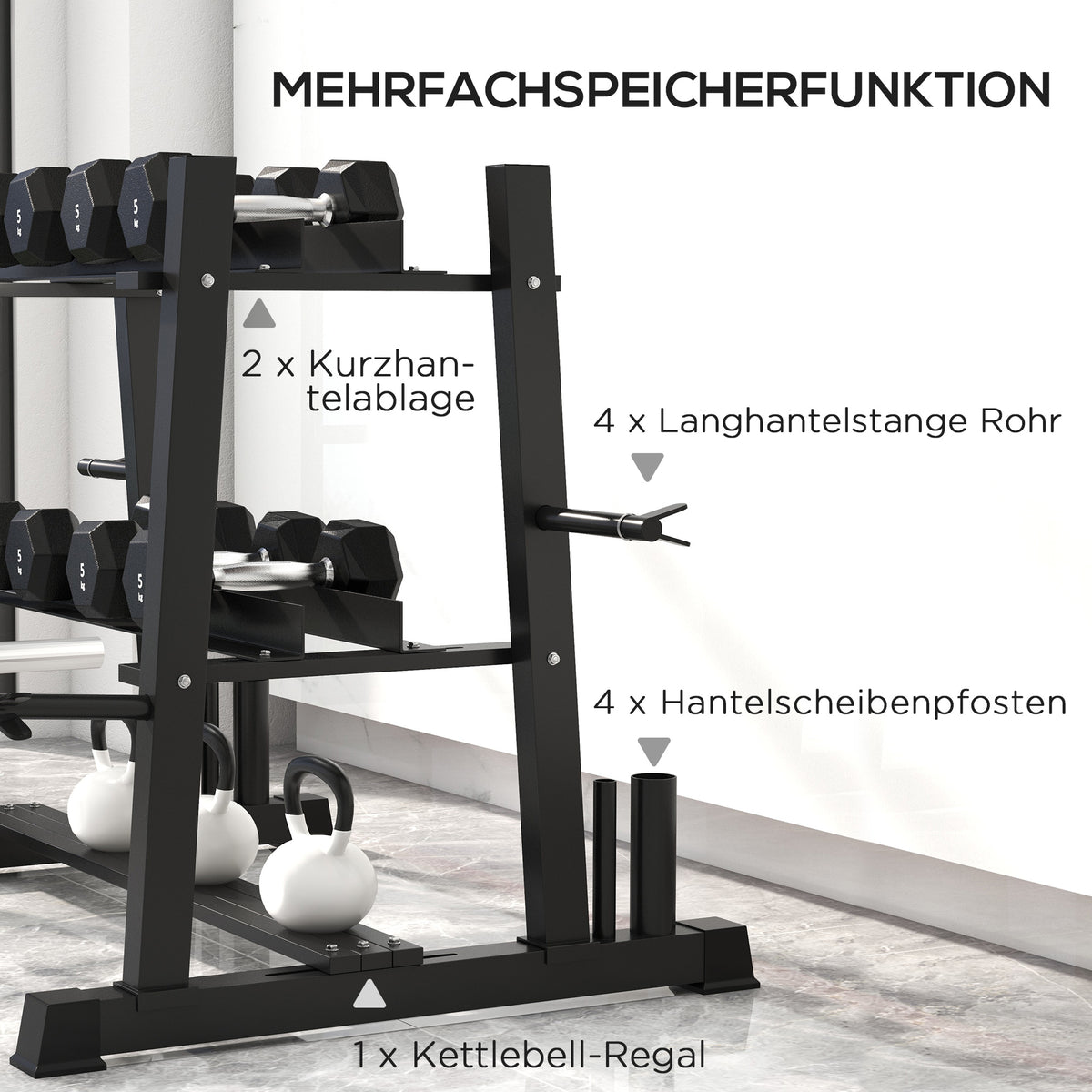 SPORTNOW Hantelständer für Kurzhantel, Kugelhantel, Hantelscheiben, 3 Etagen, anpassbar, Stahl, 131 x 75 x 80 cm, schwarz