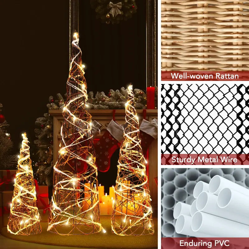 Set of Three Tapered Indoor Christmas Cone Trees — 32″, 24″, and 16″ with Warm White LED Lights