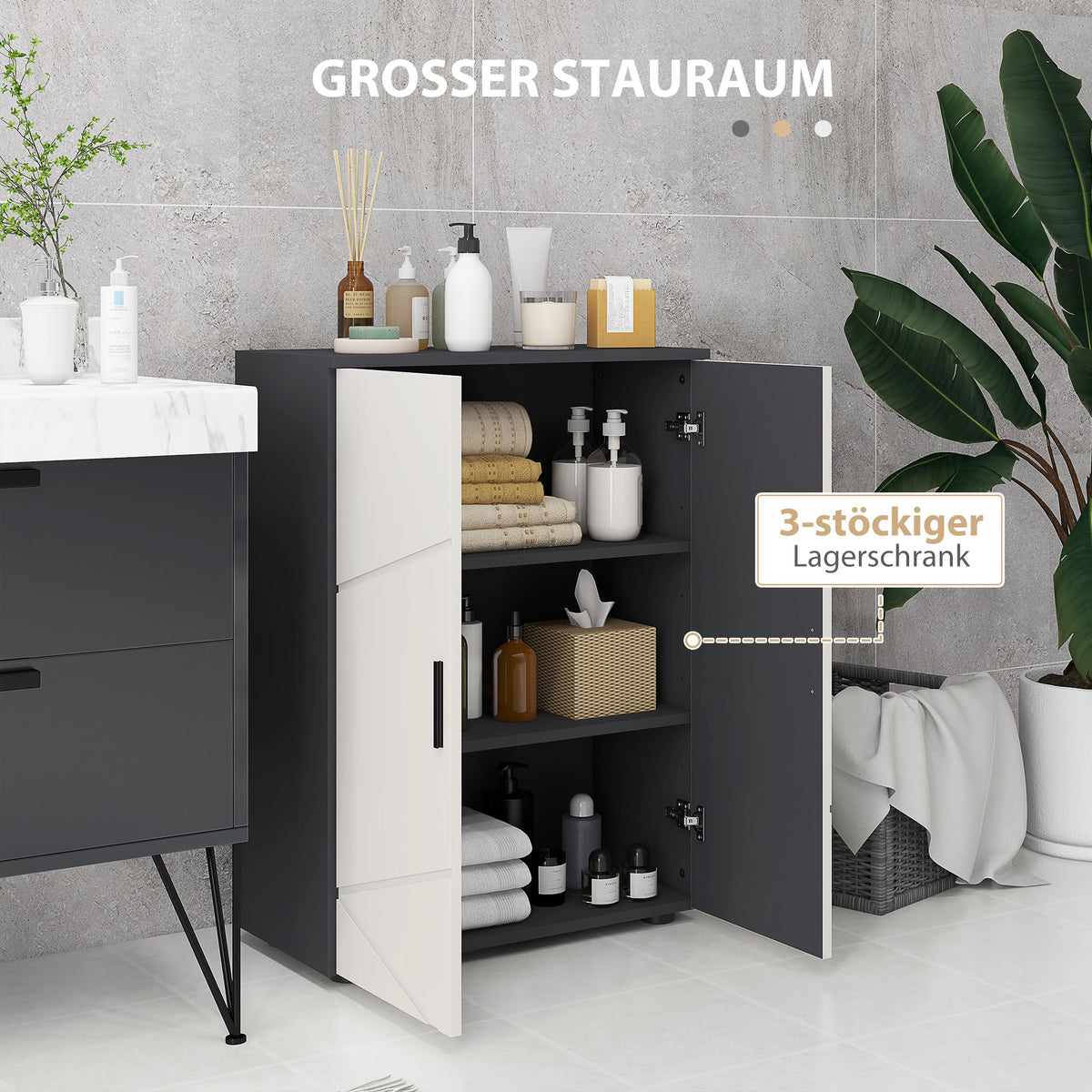 kleankin Badezimmerschrank, Badkommode, verstellbare Regale, bis zu 25 kg belastbar, Grau