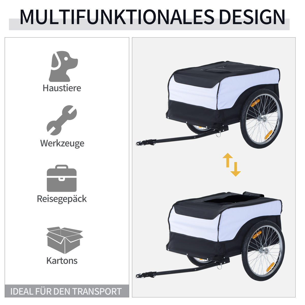 HOMCOM Fahrradanhänger Lastenanhänger Belastbarkeit max. 40 kg Transportanhänger Handwagen Lasten-Fahrradanhänger Weiß+Schwarz Stahl Oxford 140 x 77 x 65 cm