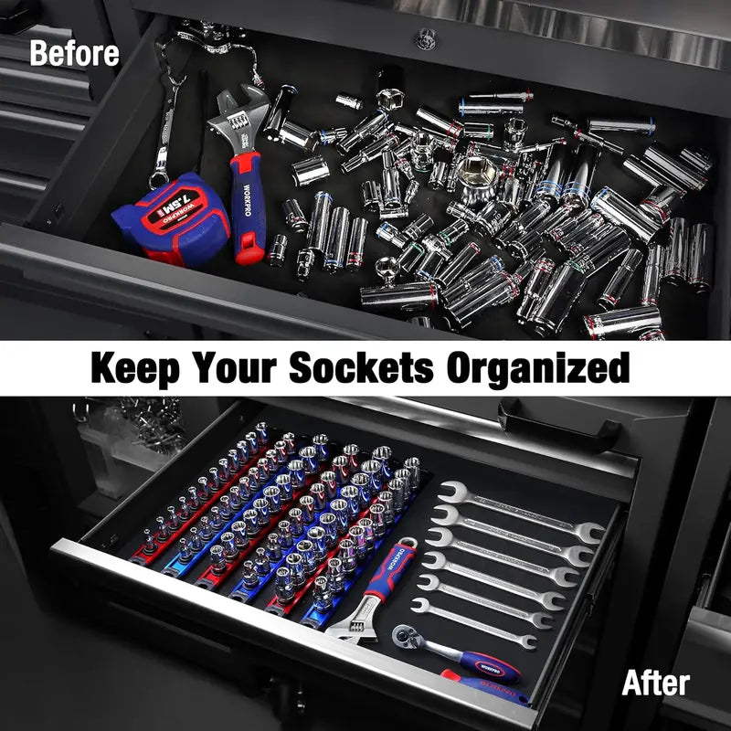 WORKPRO Aluminum Magnetic Socket Organizer – 3-Piece Set for 1/4″, 3/8″, and 1/2″ Sockets