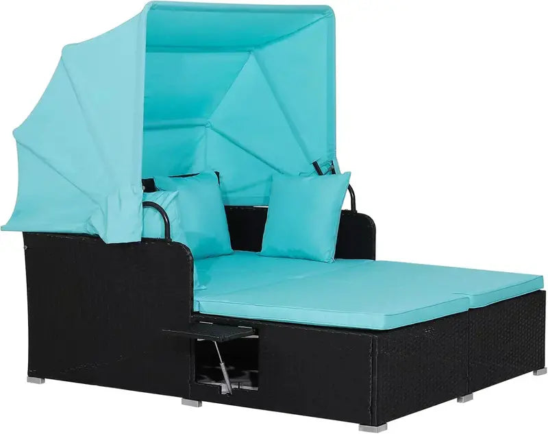 RELAX4LIFE Outdoor Wicker Daybed — Patio Sunbed with Removable Canopy & Four Cushion Pillows