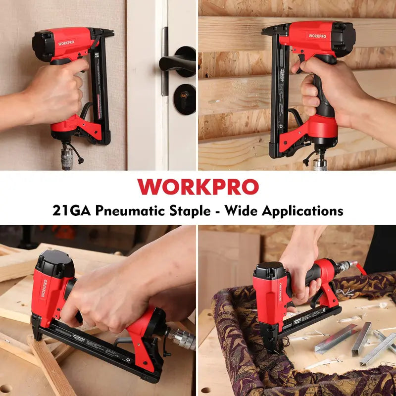 WORKPRO Pneumatic 21/22-Gauge Staple Gun for Upholstery – Includes Staples (1/4″–5/8″)