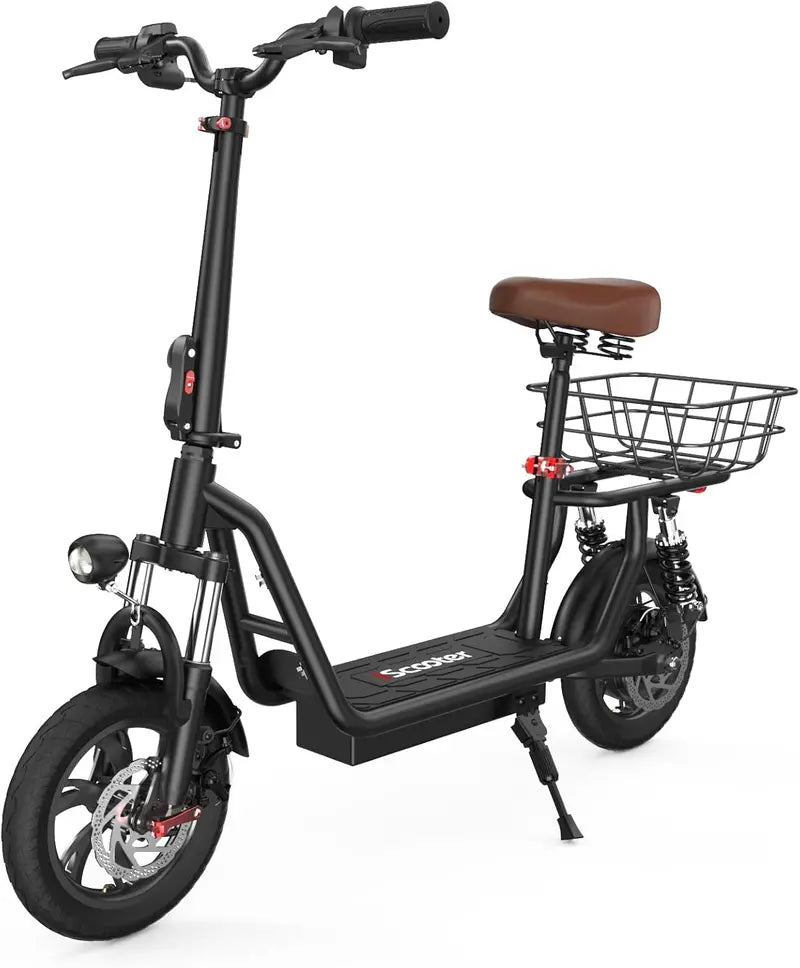 iScooter Foldable Electric Scooter with Seat – 37-Mile Range, Triple-Speed Modes (28/19/15.6 mph), Dual Suspension & Front Basket
