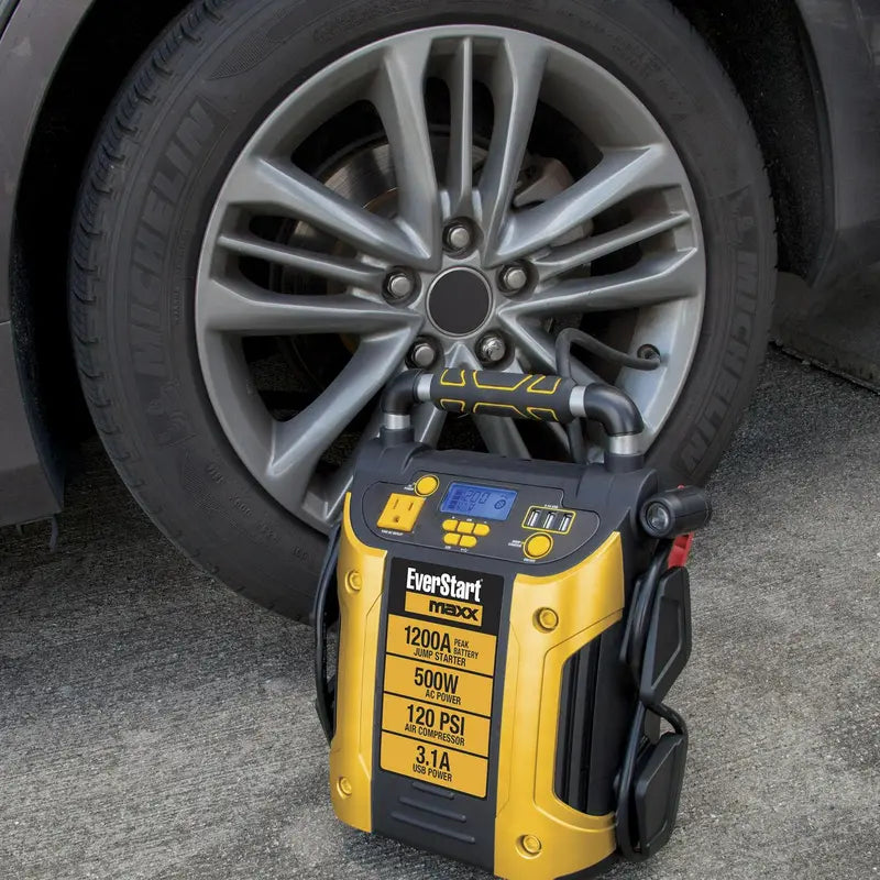 J5CPDE All-in-One Jump Starter Power Station – 1200A Peak, 500W Inverter, 120 PSI Air Compressor