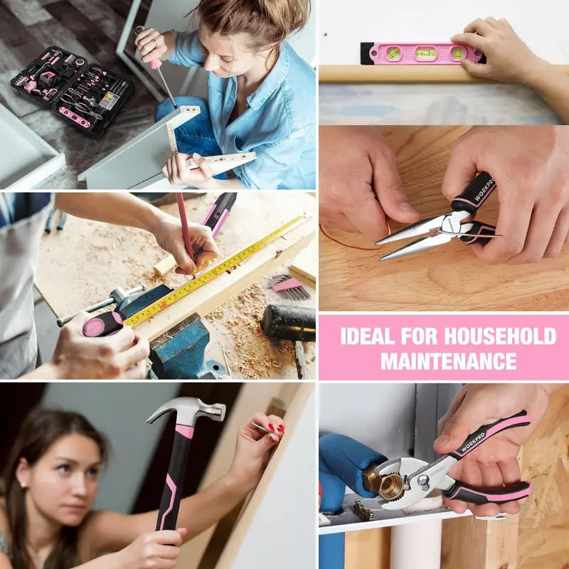 WORKPRO 20V Pink Cordless Drill Driver + 141-Piece Home Tool Kit – Pink Ribbon Bundle