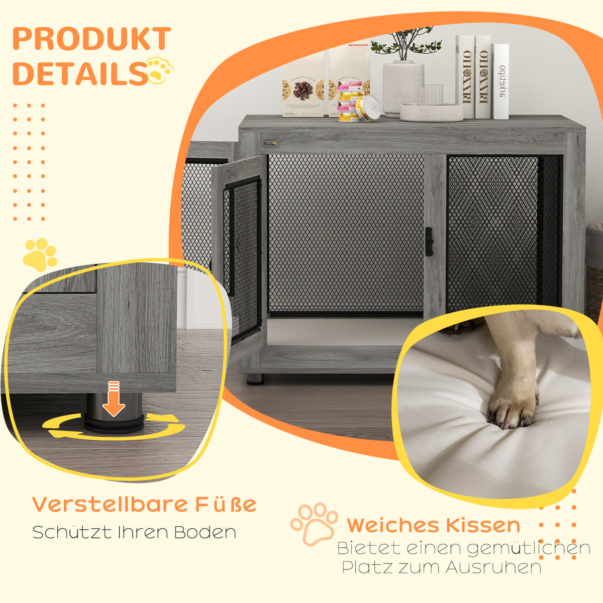 PawHut Hundebox, Welpenbox, mit Ablagefläche, wasserabweisendes Kissen, Stahlgitter, verstellbare Füße, 94x60x71,5 cm